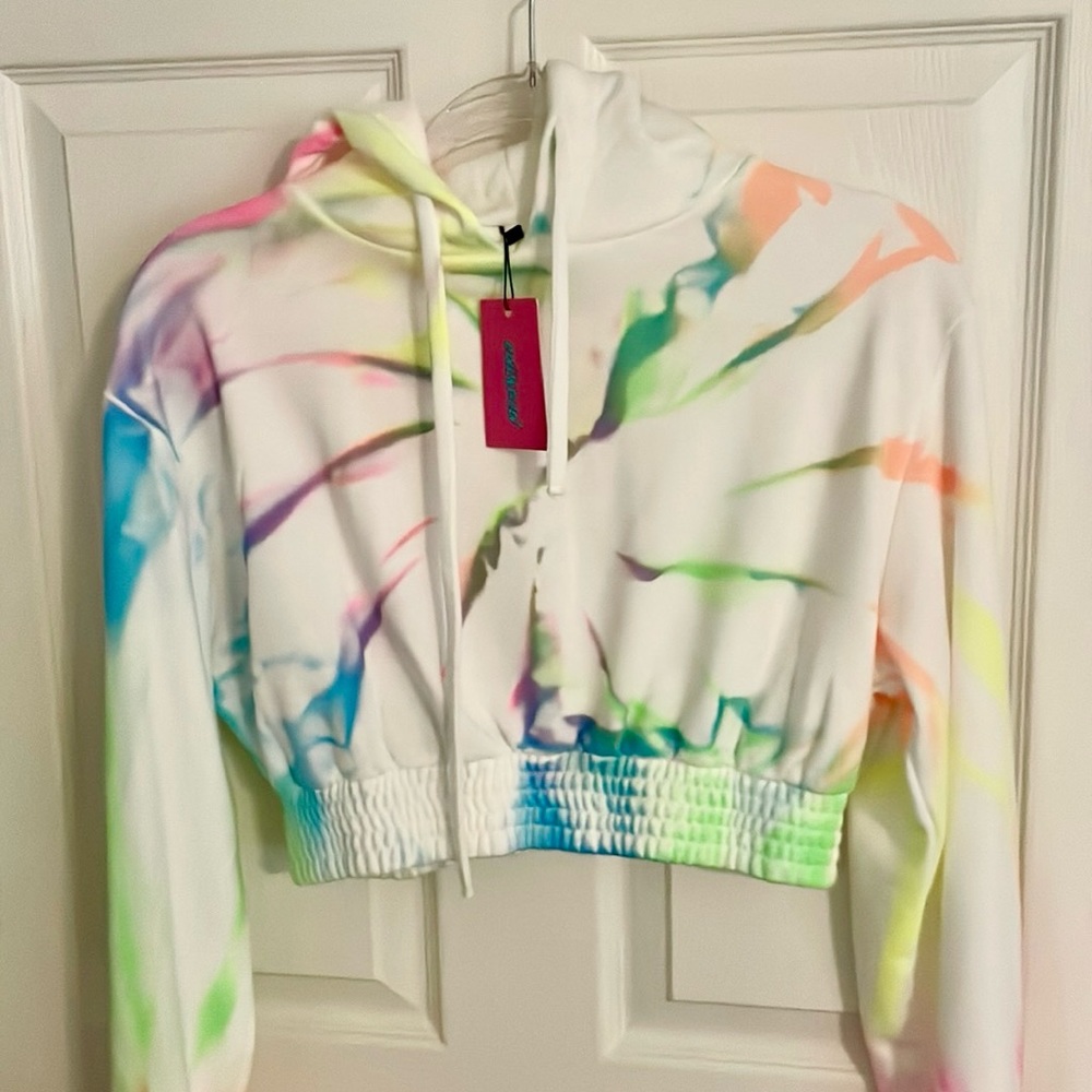 NWT Edikted Neon Tie Dye Cropped Hoodie Sweatshirt